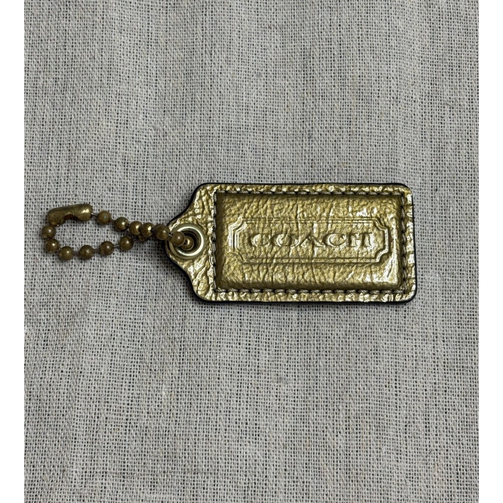 COACH 2.5" Hang Tag Fob Bag Charm Metallic Gold Leather, Brass Ball Chain